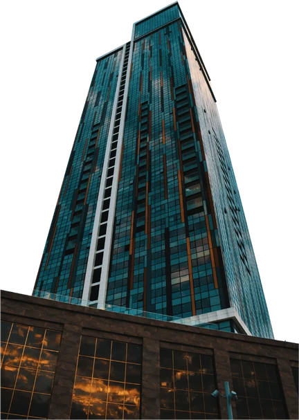 Edificio corporativo de vidrio visto desde abajo
