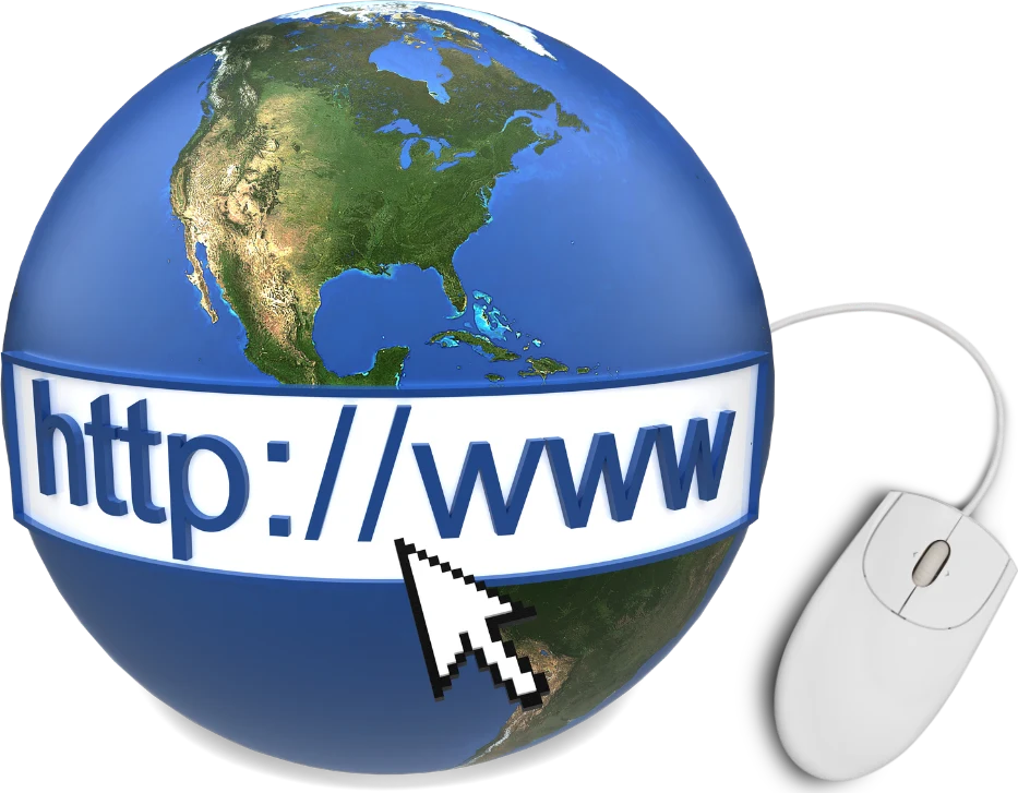 Globo terráqueo con una barra de dirección web y un ratón, que representa la conexión a internet