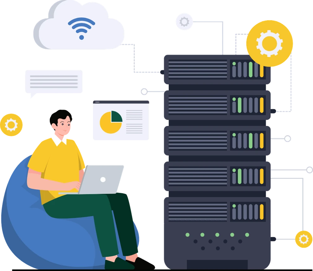 Persona con una laptop sentada junto a una torre de servidores y una nube con símbolo de WiFi