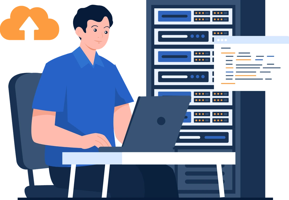 Administrador de sistemas trabajando en su laptop junto a un rack de servidores y una nube con flecha de carga