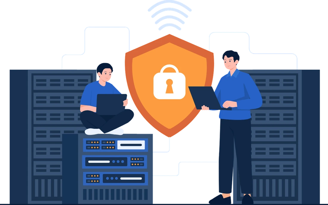 Dos técnicos con laptops entre racks de servidores, bajo un escudo con candado y el símbolo de WiFi